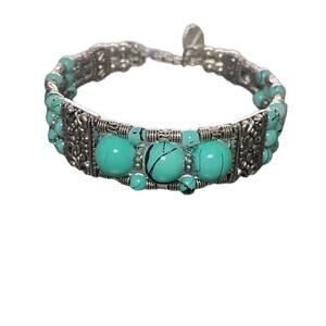 Turquoise Glass Bead Three Strand Silver Tone Bracelet